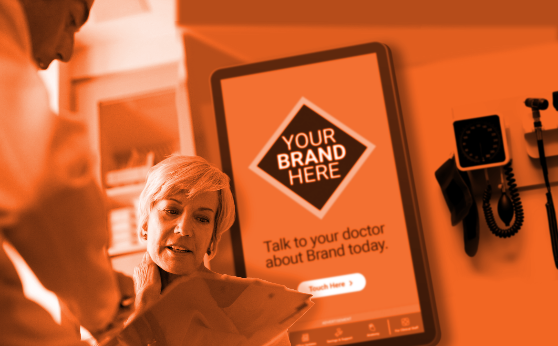 Your brand here. Talk to your doctor about "brand" today. Doctor and patient discussing over the counter treatment options.