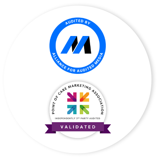 Logo for Alliance for Audited Media noting audit status and logo for POC3 validating PatientPoint audit status