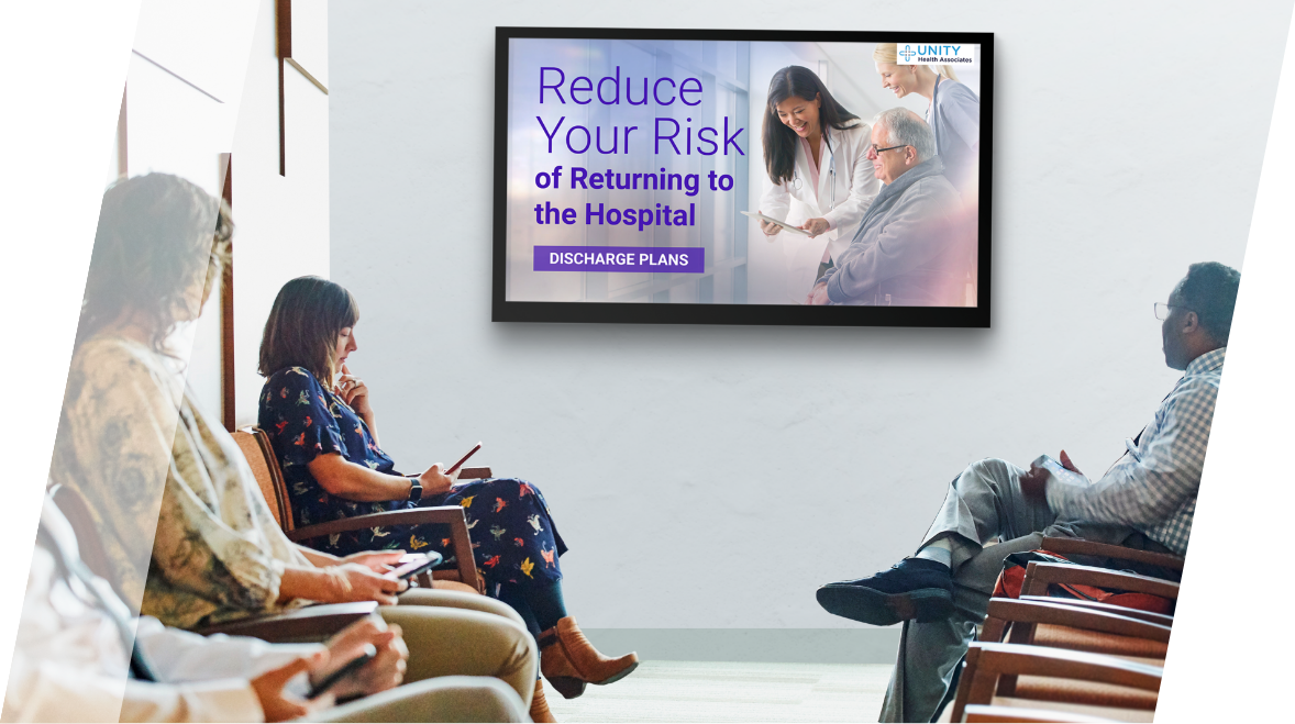 A group of patient sit in a waiting room featuring a digital screen with information about reducing risk of returning to the hospital. 