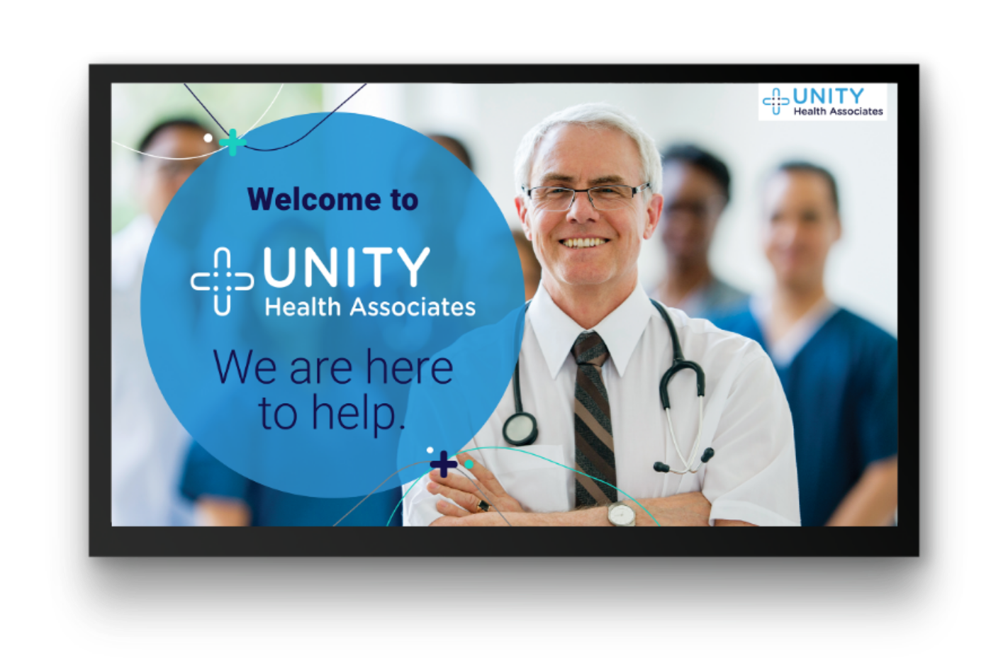 PatientPoint digital waiting room screen showing a smiling doctor next to a hospital welcome message.
