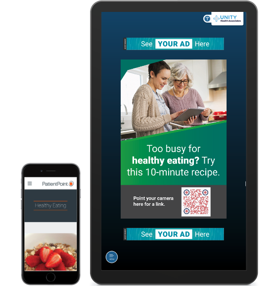 PatientPoint Interactive Exam Room Device featuring healthy eating content and a QR linking to more education on mobile phone