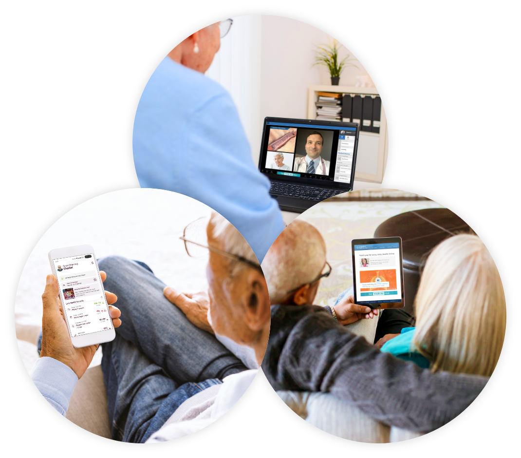 3 circles showing different telehealth scenes including older woman talking to her doctor virtually on a laptop, older man holding a phone that shows a remote care platform with his vitals and a man and woman couple sitting on the couch looking at a tablet watching PatientPoint education in a virtual waiting room.
