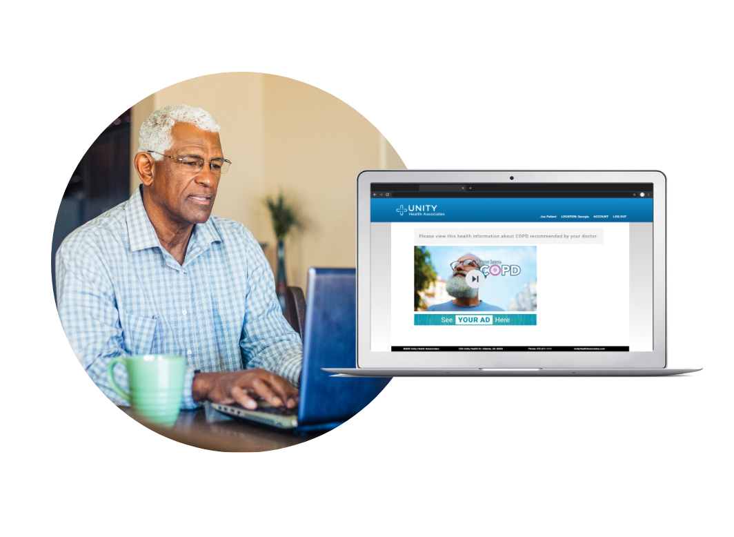 Older African American man looking at his laptop; the screen shows PatientPoint education send to him before and after his telehealth visit