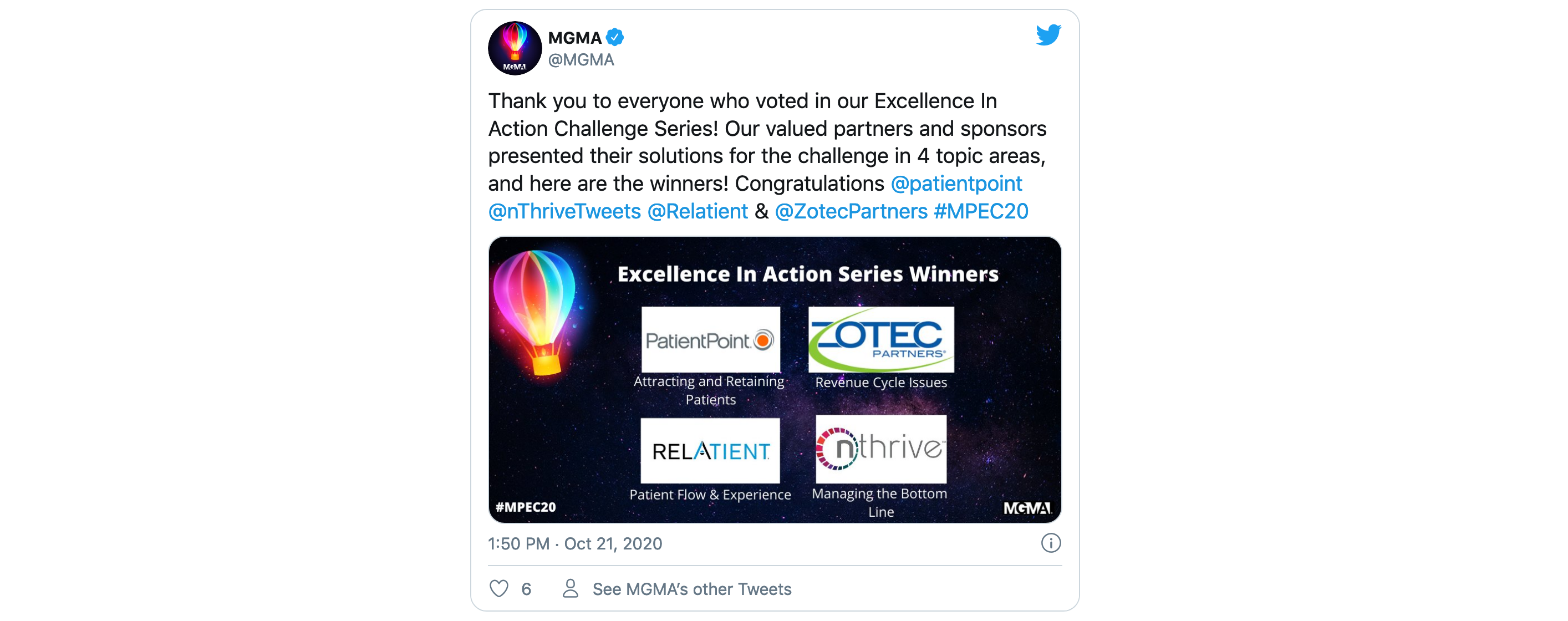 A tweet from MGMA that announces PatientPoint has won a contest for best video promoting patient recruitment and retention