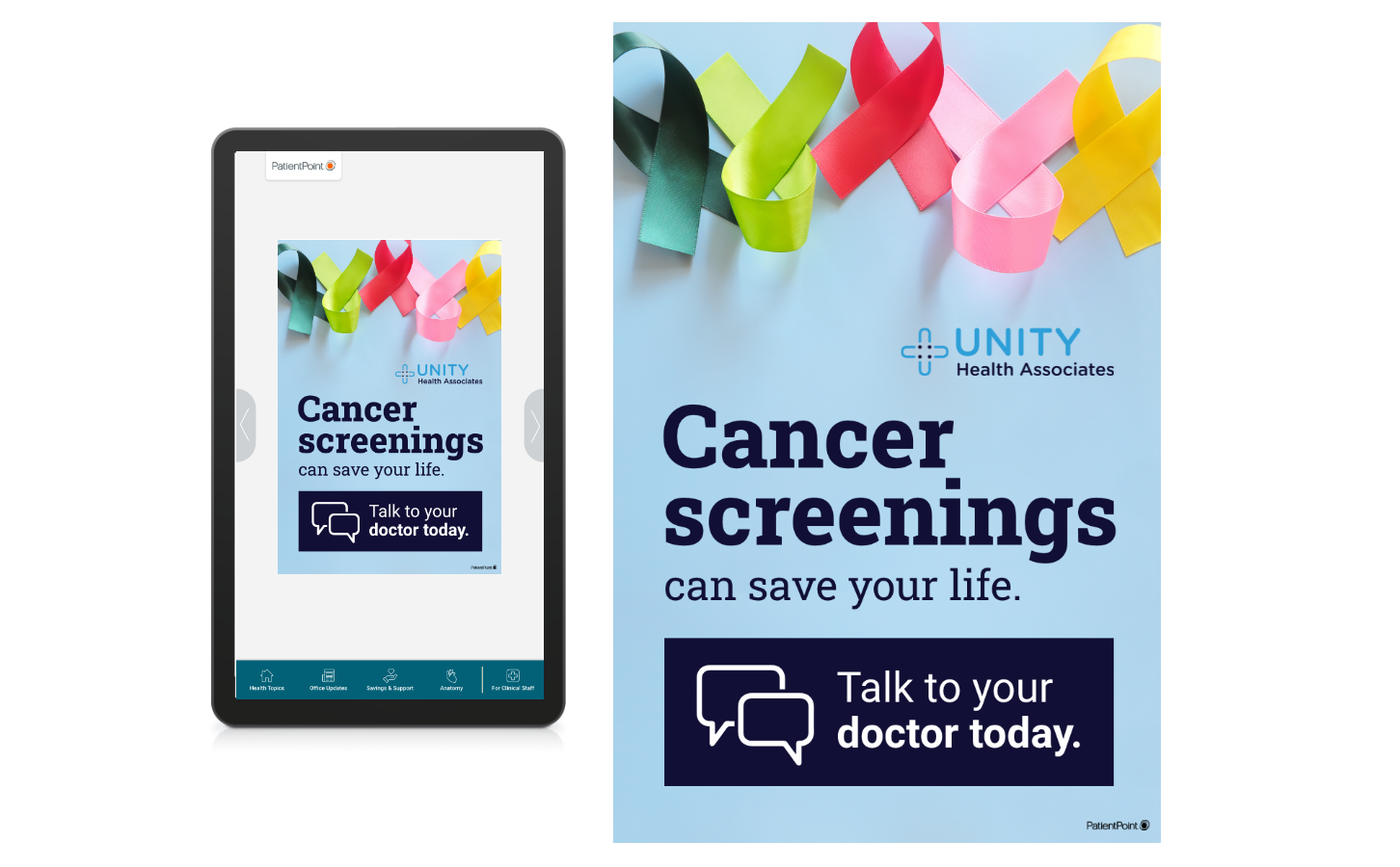 Exam room screen with cancer screenings message