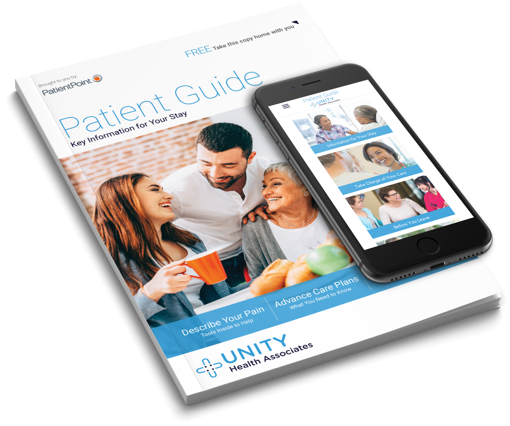 PatientPoint hospital patient guide booklet and a mobile phone displaying a digital version of the patient guide.