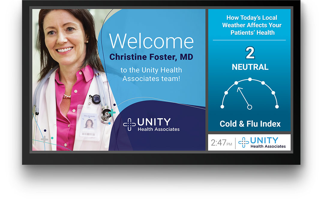 PatientPoint medical news display screen featuring a message from the doctor’s office welcoming a new physician.