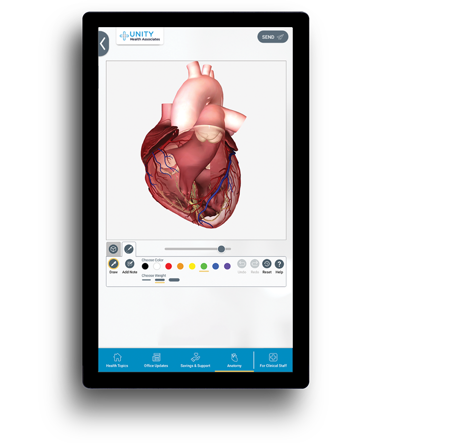 PatientPoint interactive medical touch screen displaying a digital anatomical model of the human heart. 