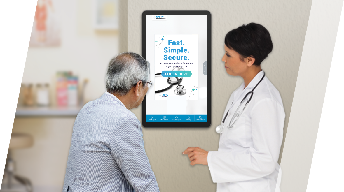Female doctor and male patient interacting with an exam room display device. 