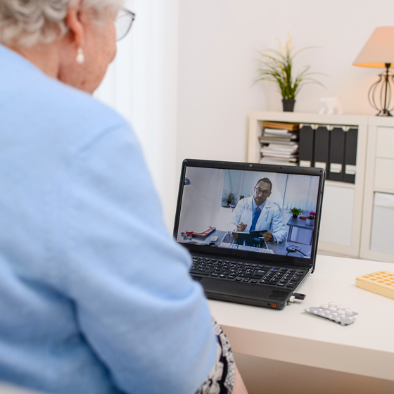 A senior woman is talking with her doctor via a telehealth visit on her computer screen.