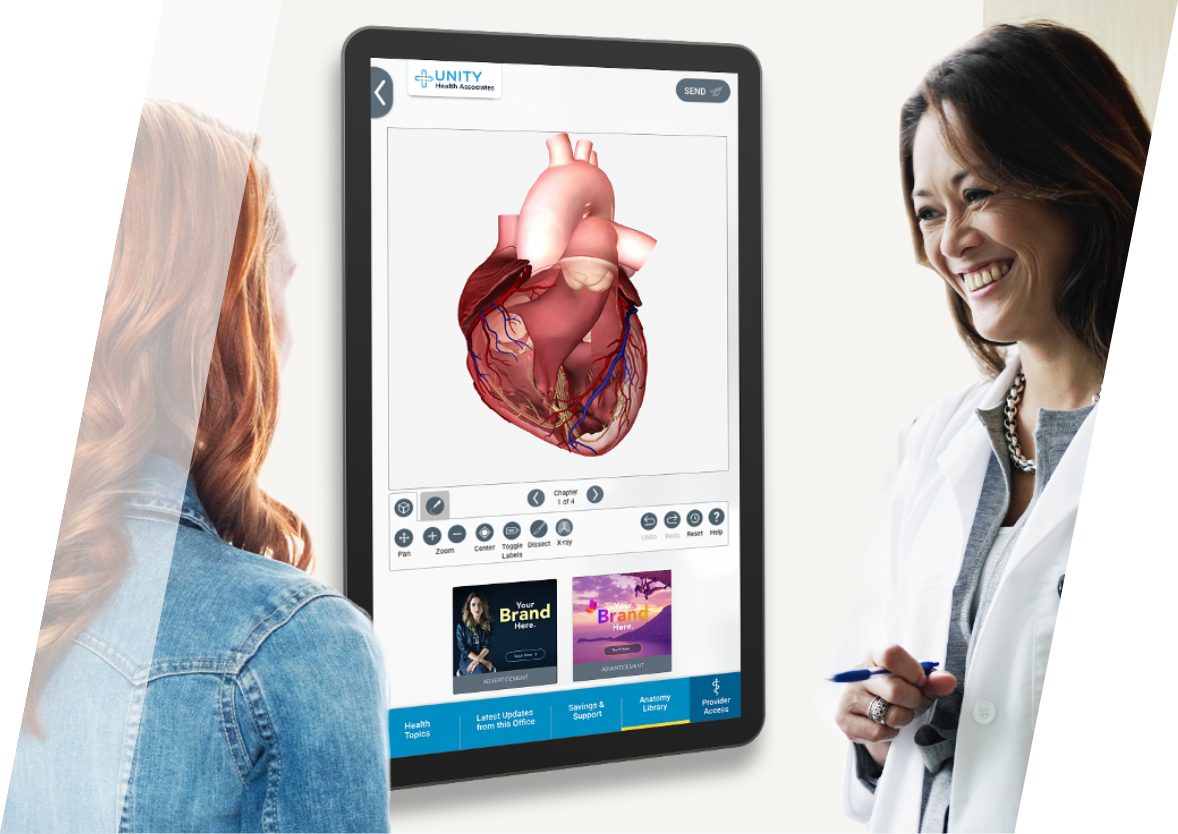 Female patient and doctor looking at 3D anatomical of heart displayed on a PatientPoint exam room touchscreen.