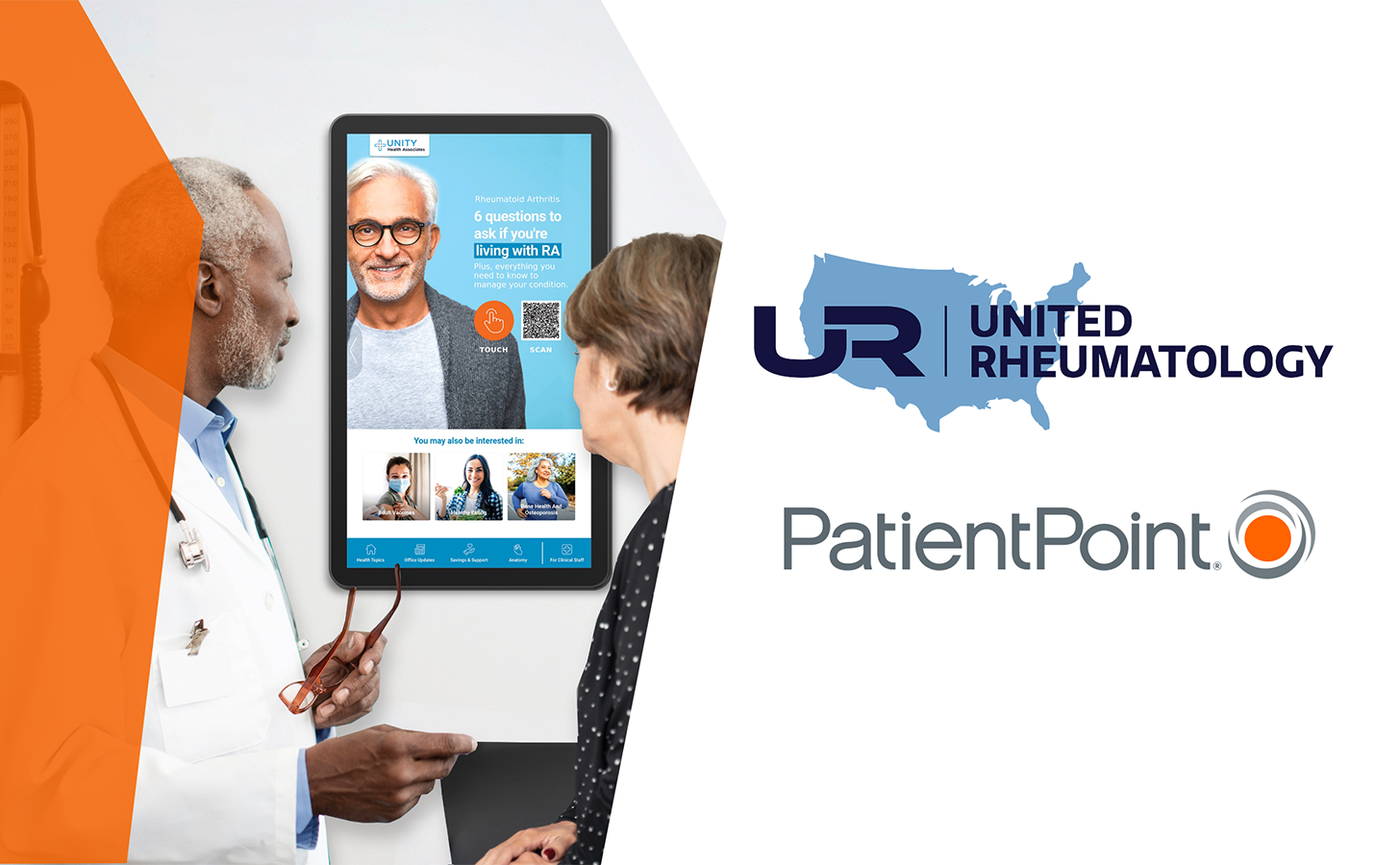 A graphic with the logos of United Rheumatology and PatientPoint on them featuring a senior male doctor looking at a mounted wall touchscreen with a mature female patient