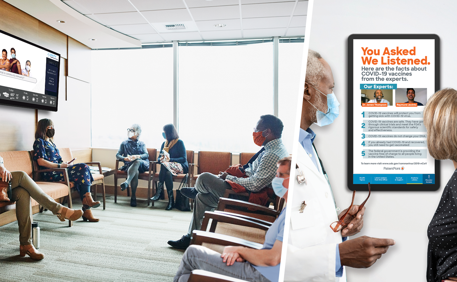 A group of patients in a waiting room views content on a digital screen and a doctor and a patient look at a touchscreen device in an exam room