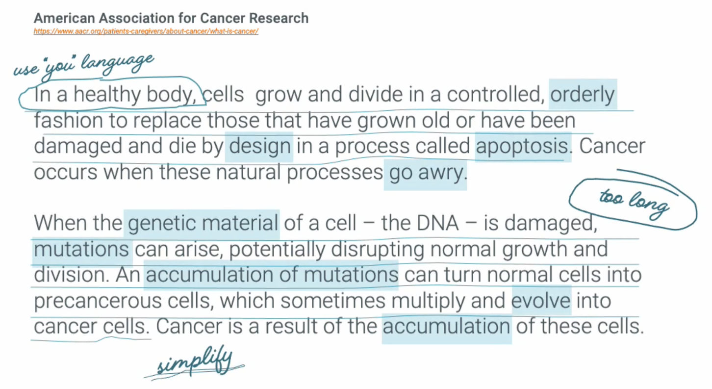 Cancer research with notes saying "simplify," "too long" and "use you language"