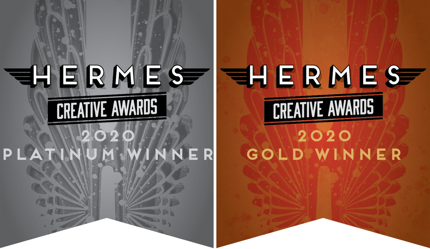 Two banners announcing PatientPoint is a winner of both 2020 Hermes Platinum Creative Awards and 2020 Hermes Gold Creative Awards