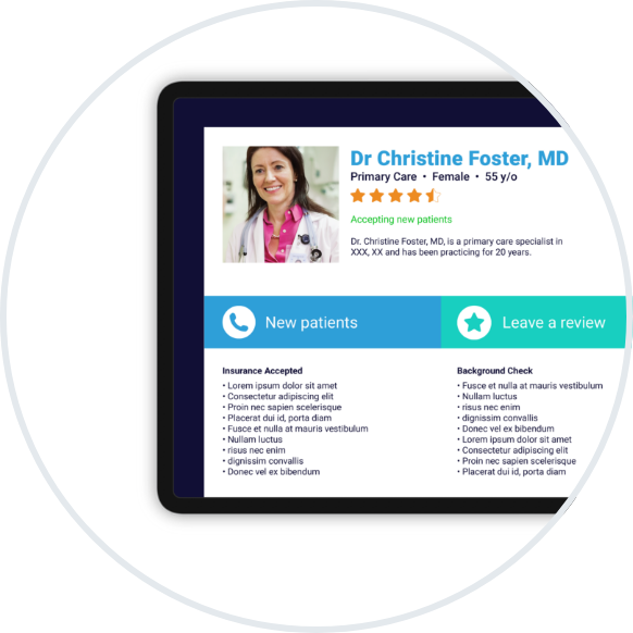 Tablet showing a doctor’s online listing with local SEO for healthcare optimized by PatientPoint.