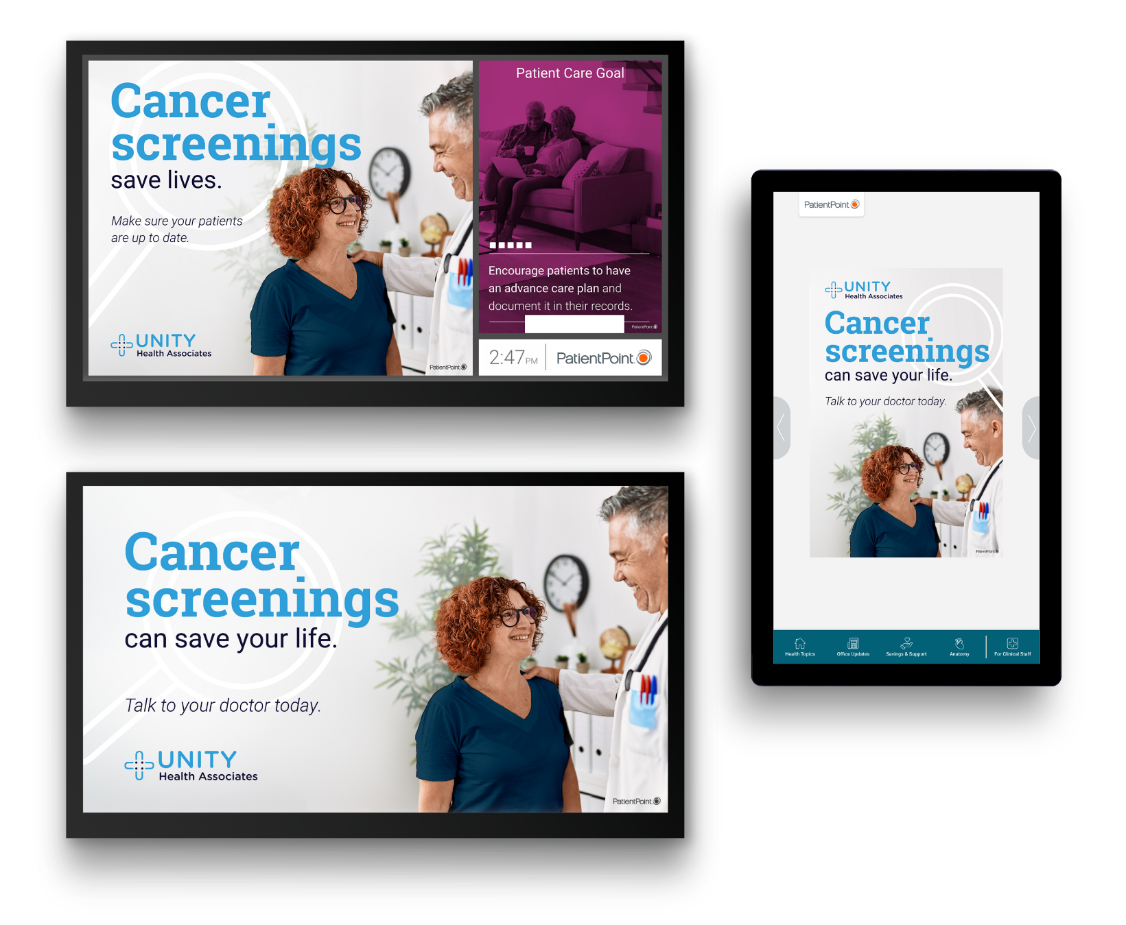 Custom message on all PatientPoint screens: "Cancer screenings save lives. Talk to your doctor today."