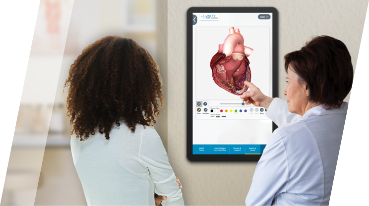 Doctor and patient viewing 3D anatomical of heart on a PatientPoint exam room touchscreen.